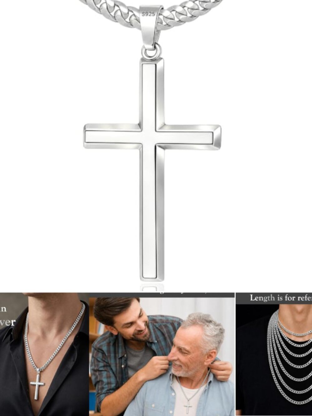 Sterling Silver Beveled Cross Necklace 5mm Cuban Chain Unisex Religious Jewelry